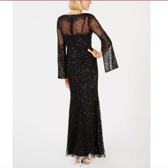 Adrianna Papell Black Sequin Long Slit Sleeves Gown - Size 2 - Picture 2 of 16